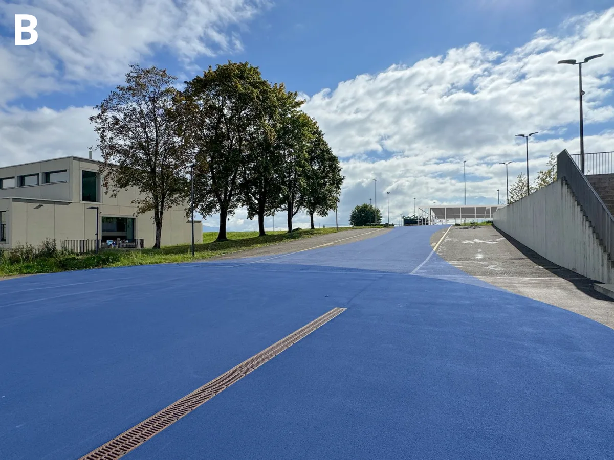 Die blaue Farbgebung soll die öffentlich zugänglichen Bereiche miteinander verbinden. Man sieht Pläne einer Sportanlage, bei der der Boden blau eingefärbt ist.